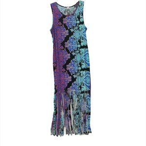 K Glam Maxi Dress Sleeveless Jersey Knit Fringe Bottom Floral Woman's 1X New